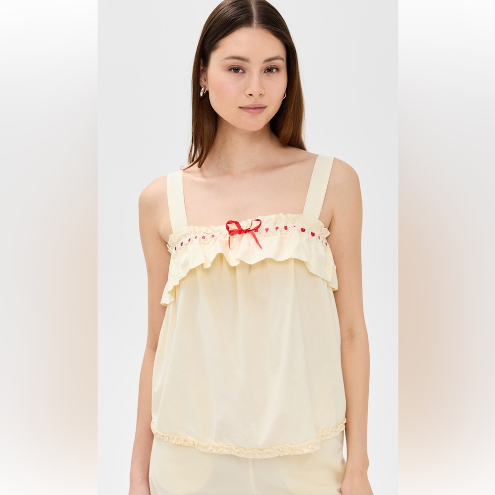 Cream Ruffle Tank Top with Red Bow